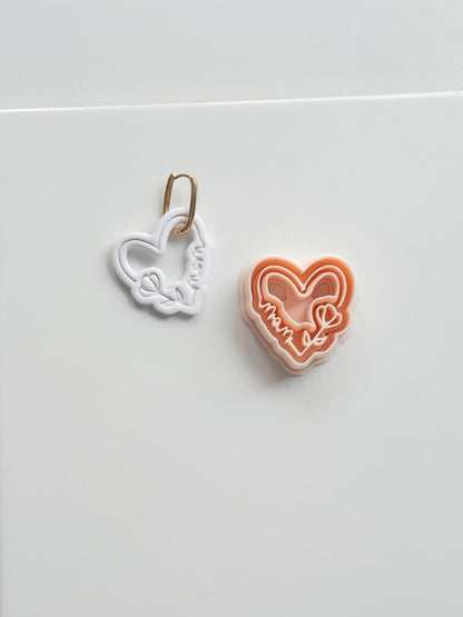 Mom Script Cutter: Heart-Shaped Design with Flower and Cursive Text for Polymer Clay