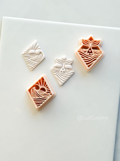 Coastal Scene Cutters: Mermaid Tail & Ocean Sunset Wave Designs for Polymer Clay