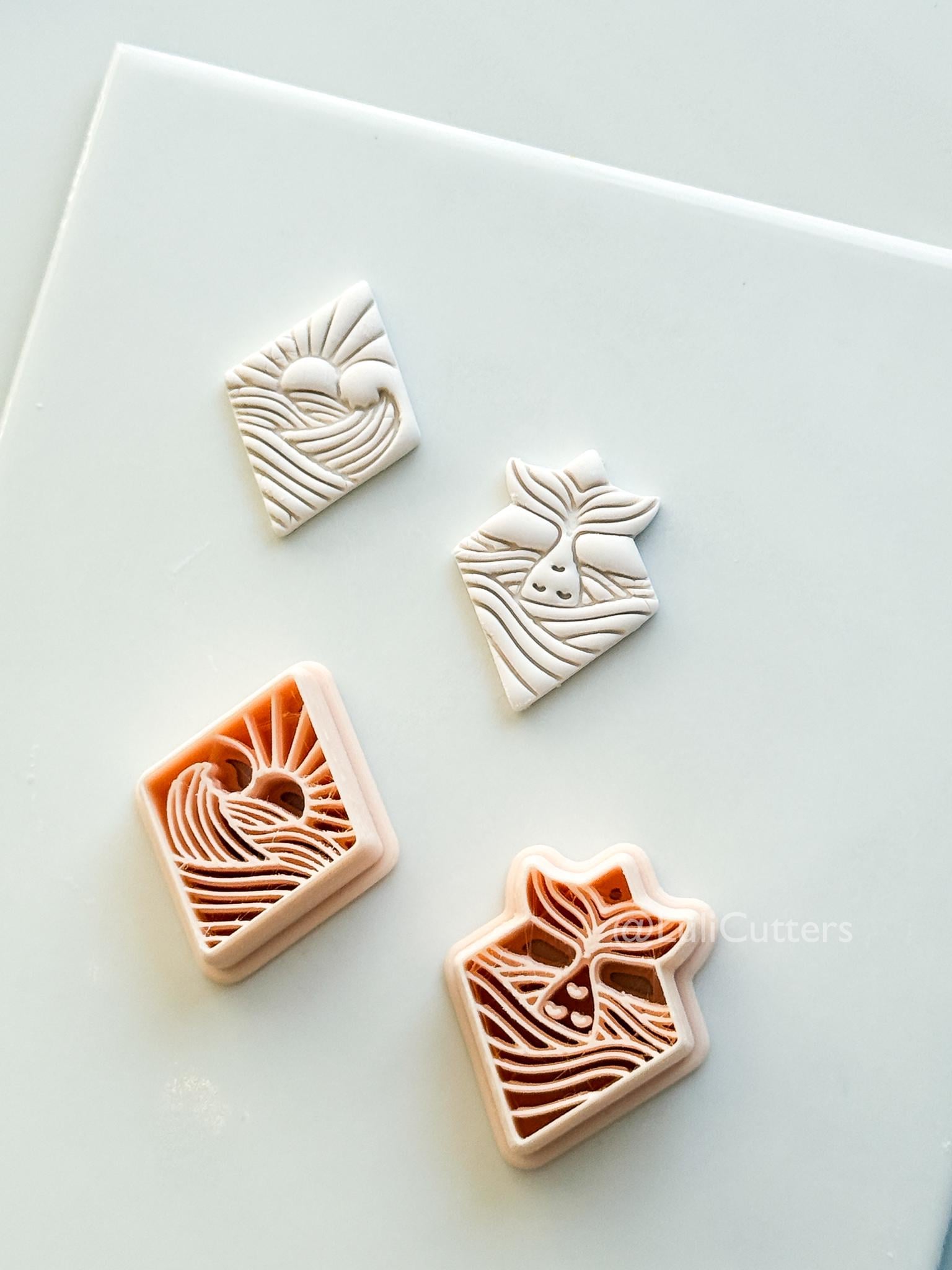 Coastal Scene Cutters: Mermaid Tail & Ocean Sunset Wave Designs for Polymer Clay