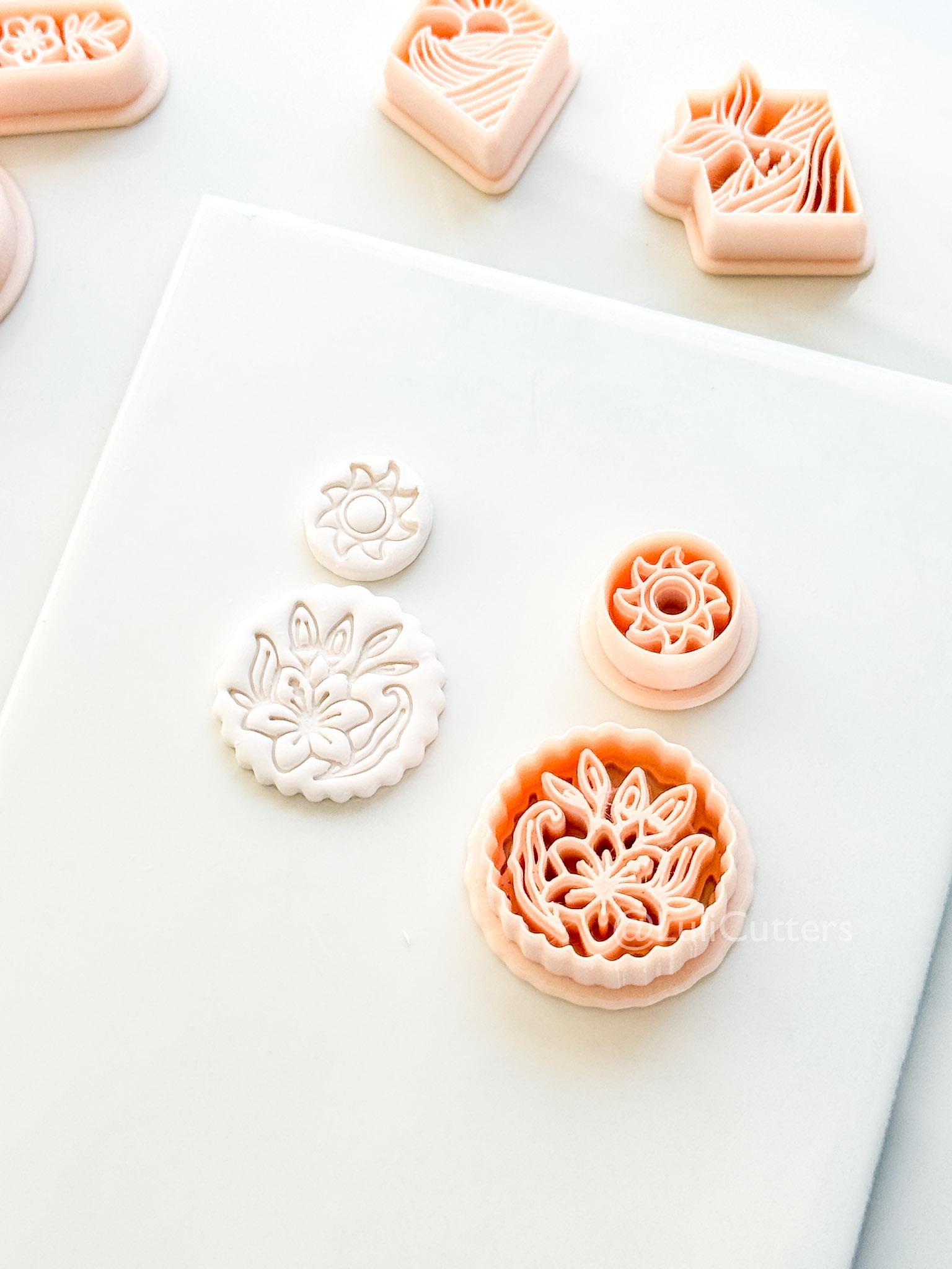 Sun Stud & Lily Scallop Drop Cutter: Floral Botanical Dangle Shape for Polymer Clay