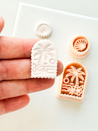Scalloped Tropical Island Arch Cutter: Palm Tree Beach Scene Shape for Polymer Clay