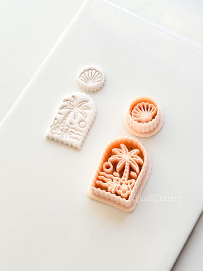 Scalloped Tropical Island Arch Cutter: Palm Tree Beach Scene Shape for Polymer Clay