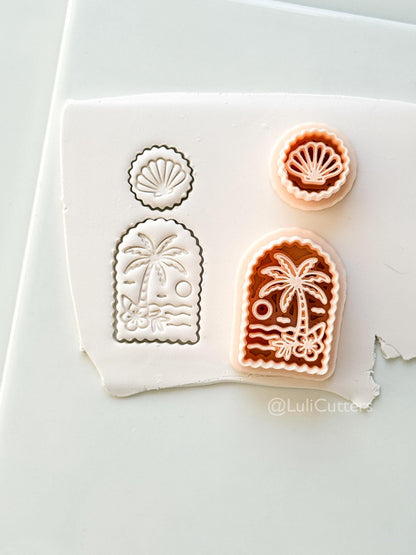 Scalloped Tropical Island Arch Cutter: Palm Tree Beach Scene Shape for Polymer Clay