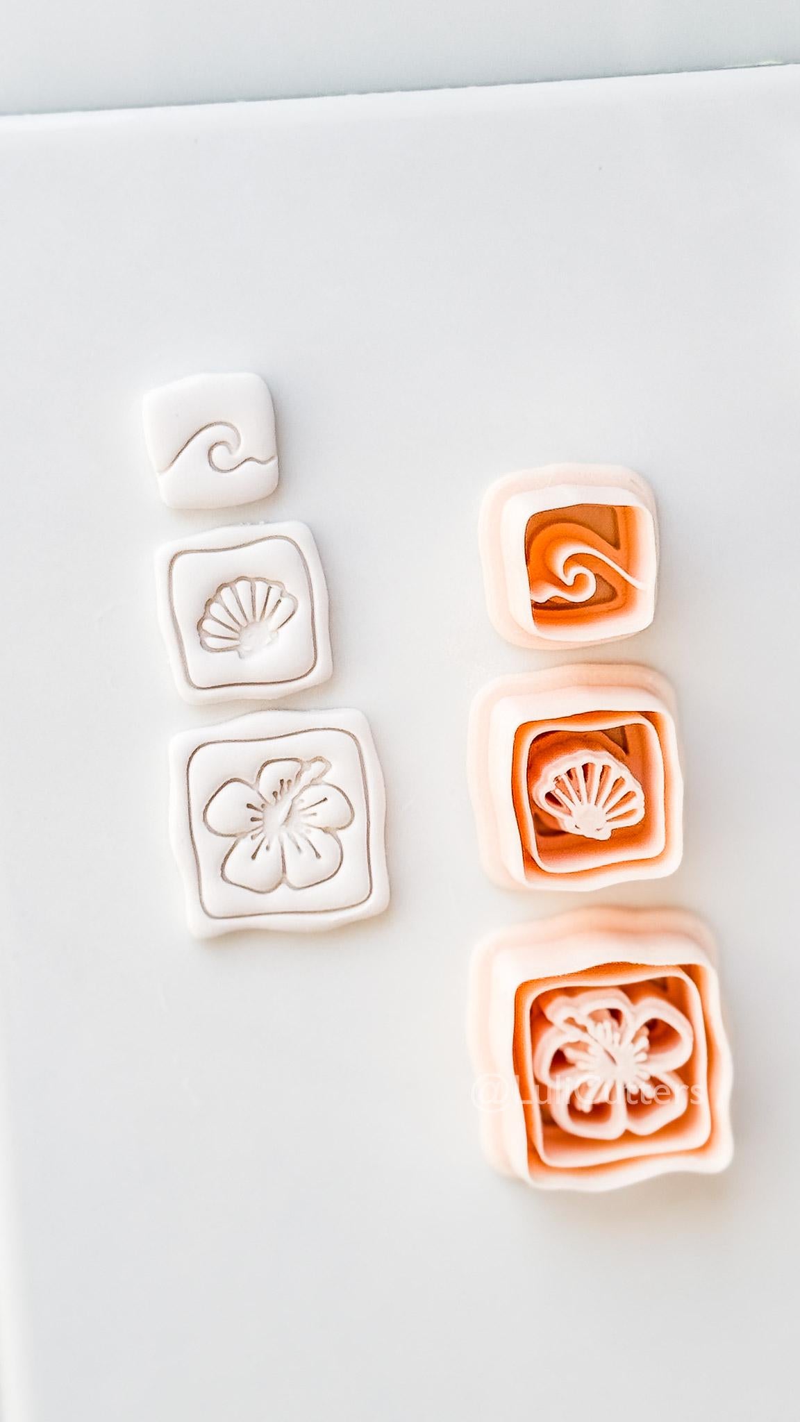 Hibiscus Trio Cutter: Square Floral Shell Spiral Set for Polymer Clay