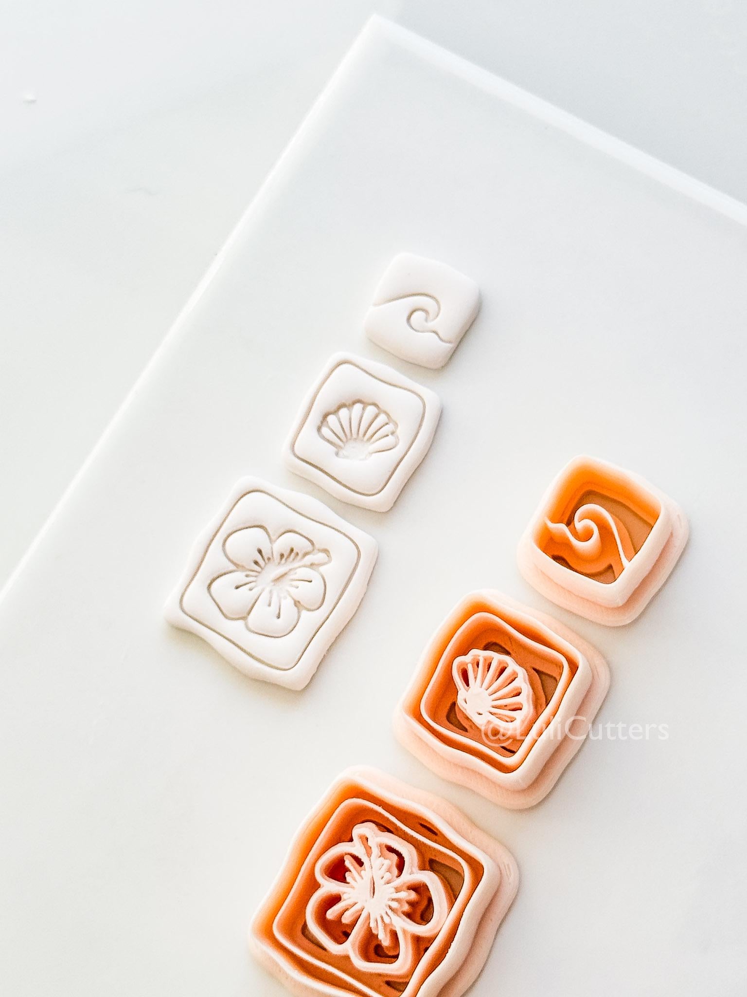 Hibiscus Trio Cutter: Square Floral Shell Spiral Set for Polymer Clay