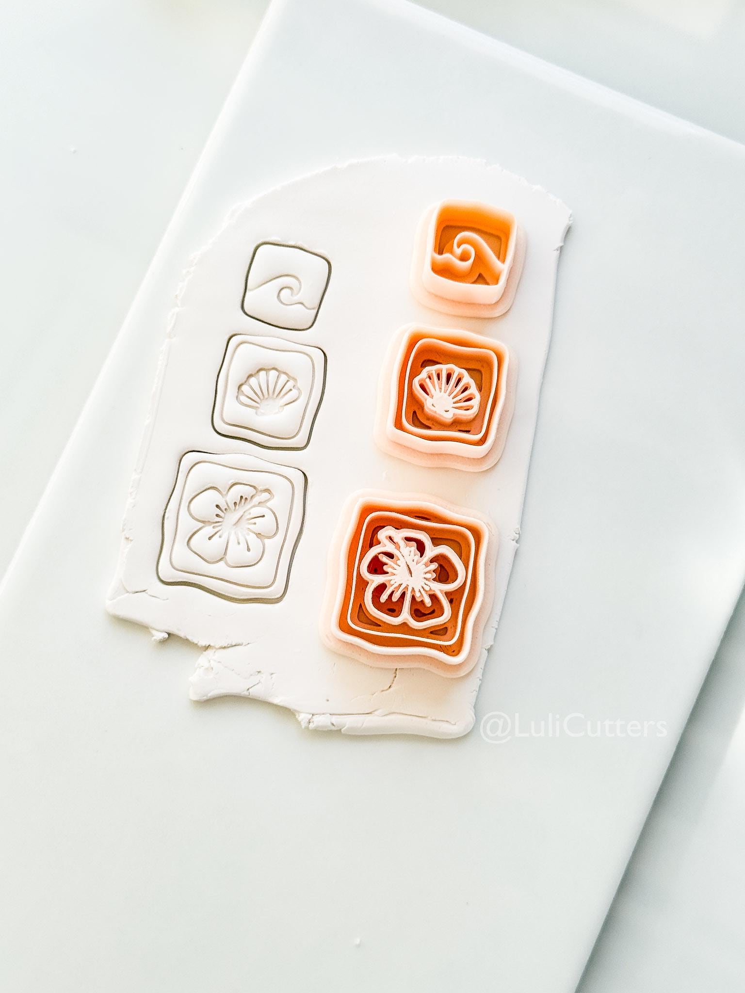 Hibiscus Trio Cutter: Square Floral Shell Spiral Set for Polymer Clay