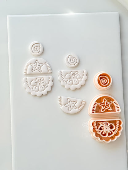 Hibiscus Trio Cutter: Tropical Flower Shell Spiral Shapes for Polymer Clay
