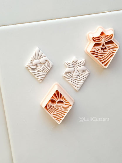 Coastal Scene Cutters: Mermaid Tail & Ocean Sunset Wave Designs for Polymer Clay
