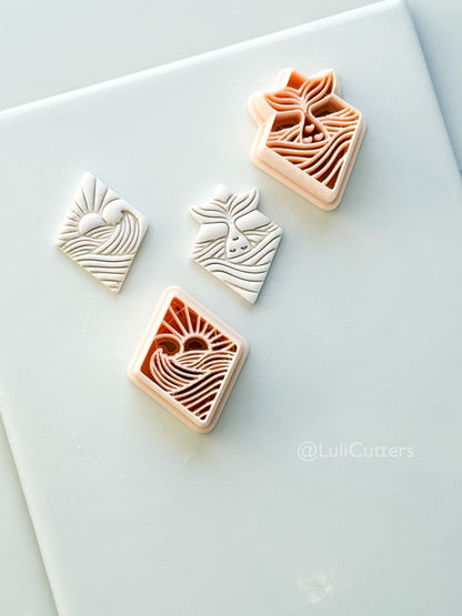Coastal Scene Cutters: Mermaid Tail & Ocean Sunset Wave Designs for Polymer Clay