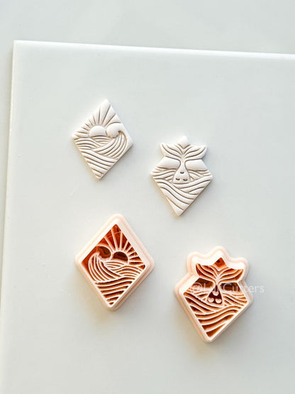 Coastal Scene Cutters: Mermaid Tail & Ocean Sunset Wave Designs for Polymer Clay
