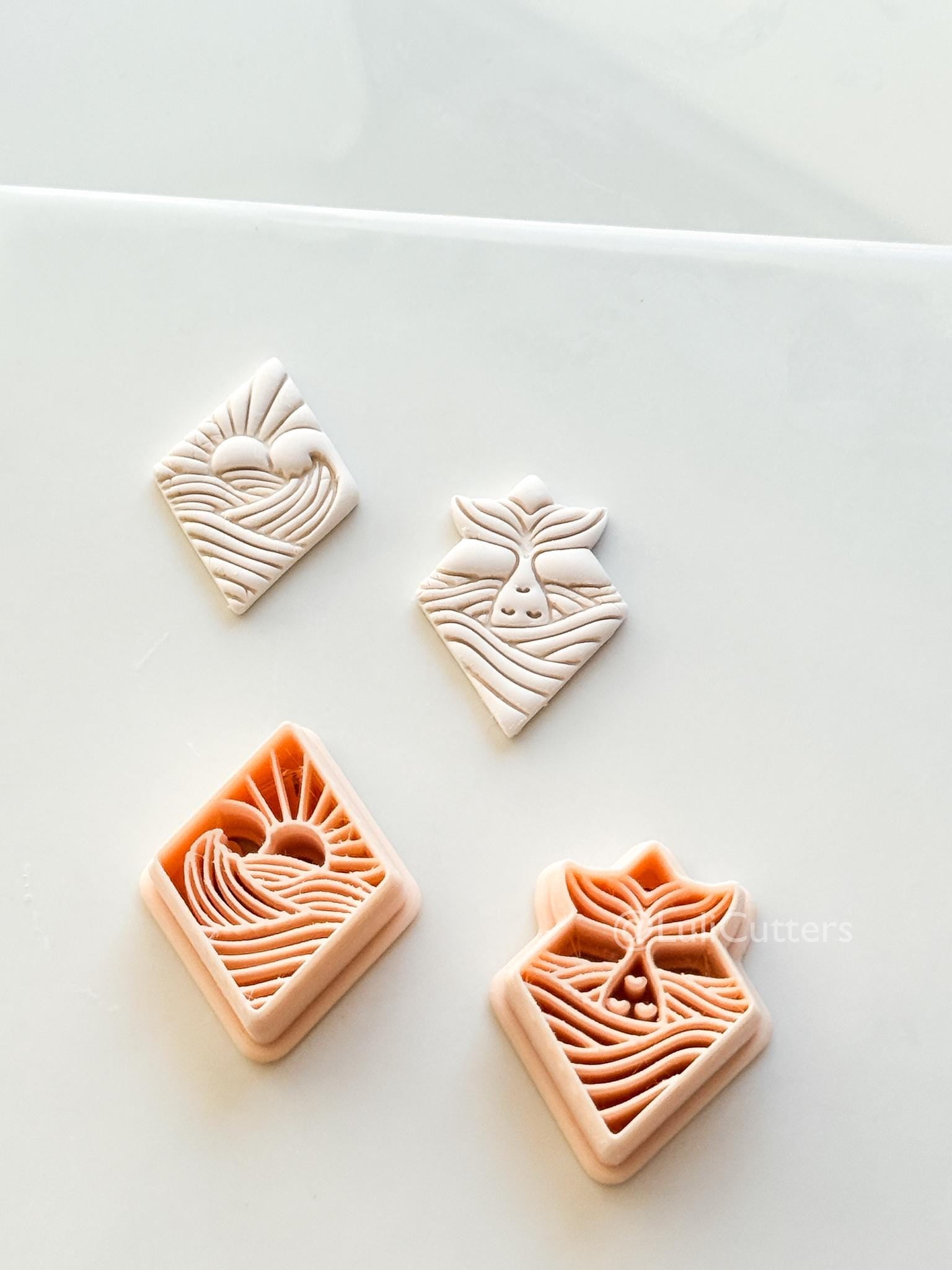 Coastal Scene Cutters: Mermaid Tail & Ocean Sunset Wave Designs for Polymer Clay