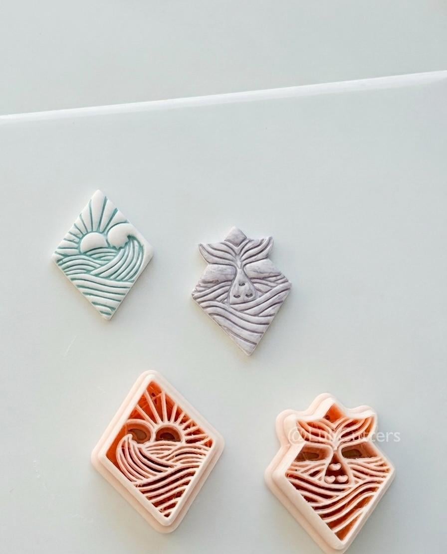 Coastal Scene Cutters: Mermaid Tail & Ocean Sunset Wave Designs for Polymer Clay