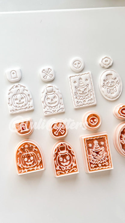 Spooky Carnival Set Cutter: Vintage Halloween Character Dangle Shapes for Polymer Clay