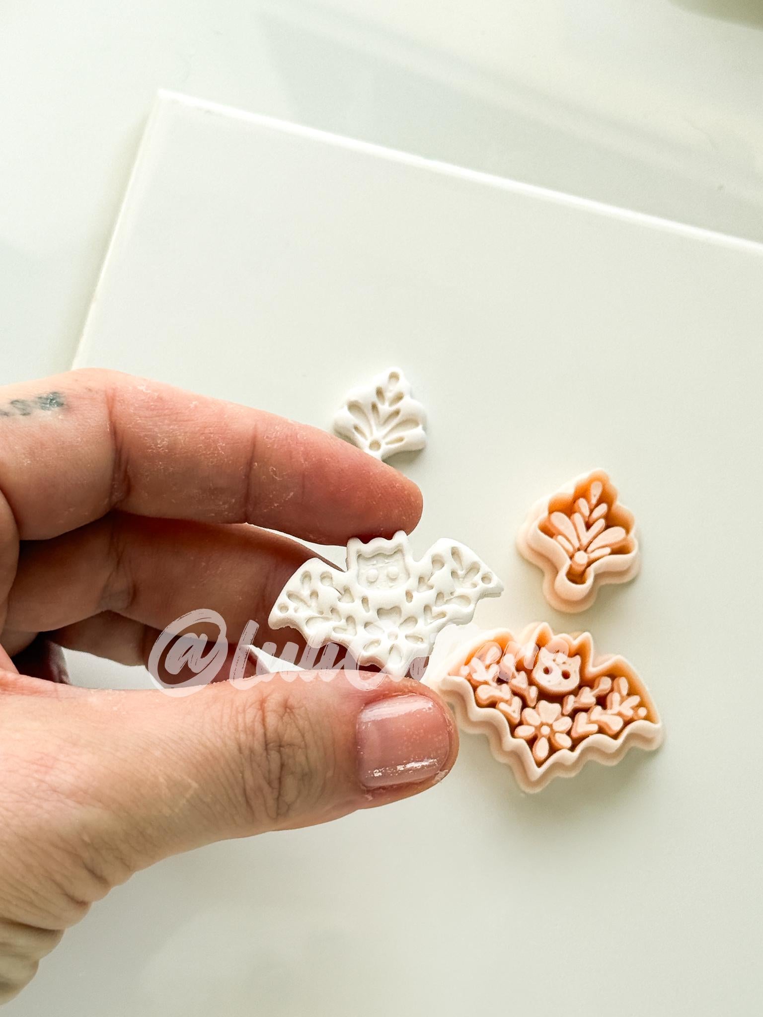 Spooky Folk Bat Cutter: Floral Flying Bat Dangle Shape for Polymer Clay