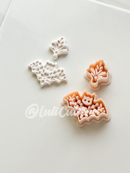 Spooky Folk Bat Cutter: Floral Flying Bat Dangle Shape for Polymer Clay
