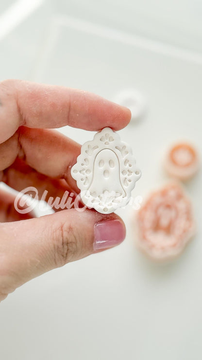Ghostie Folk Frame Cutter: Floral Ghost Cameo Dangle Shape for Polymer Clay