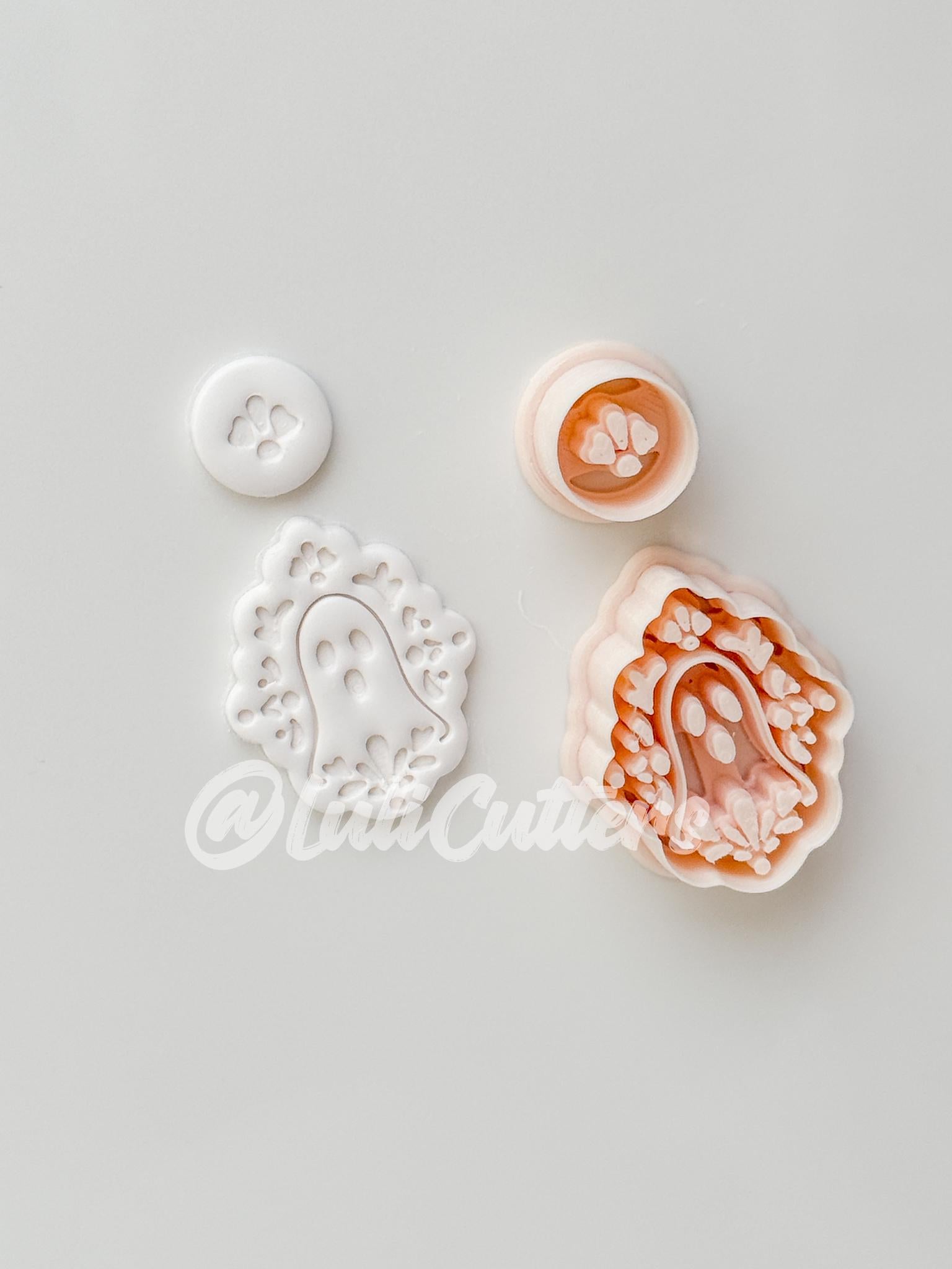 Ghostie Folk Frame Cutter: Floral Ghost Cameo Dangle Shape for Polymer Clay