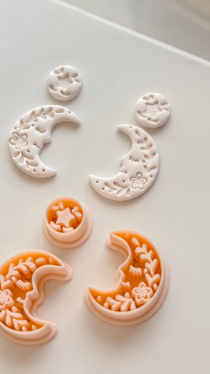 Folk Moon Cutter: Celestial Floral Crescent Dangle Shape for Polymer Clay