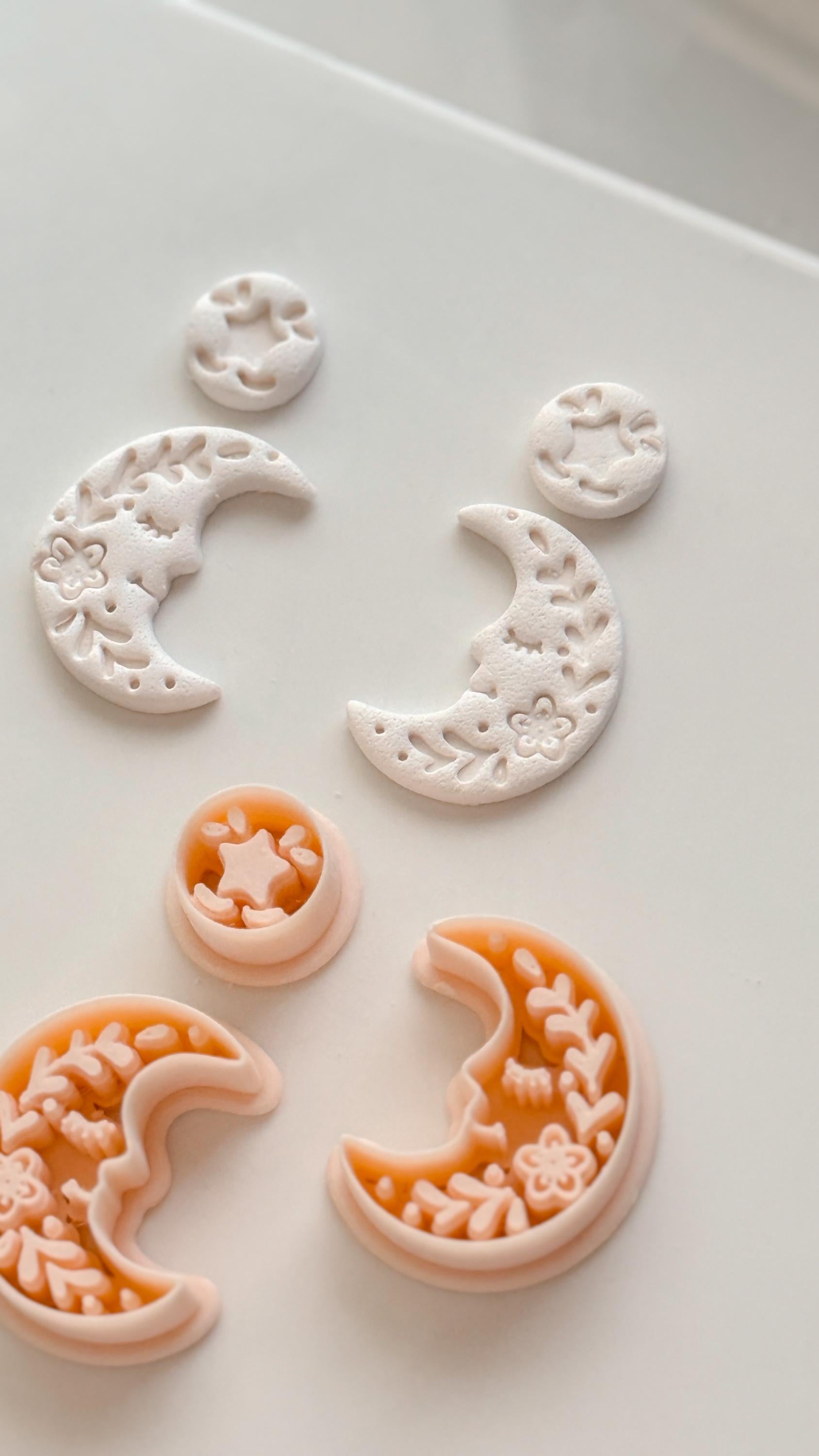 Folk Moon Cutter: Celestial Floral Crescent Dangle Shape for Polymer Clay