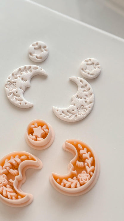 Folk Moon Cutter: Celestial Floral Crescent Dangle Shape for Polymer Clay