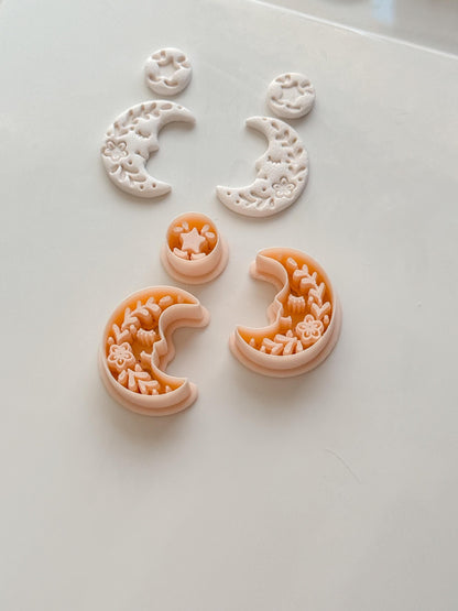 Folk Moon Cutter: Celestial Floral Crescent Dangle Shape for Polymer Clay