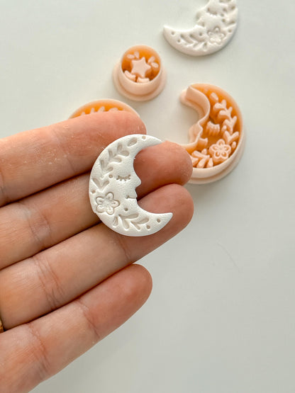 Folk Moon Cutter: Celestial Floral Crescent Dangle Shape for Polymer Clay