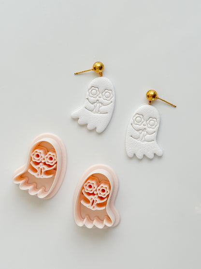 Floral Ghostie Cutter: Flower Eyed Ghost Holding Pumpkin for Polymer Clay
