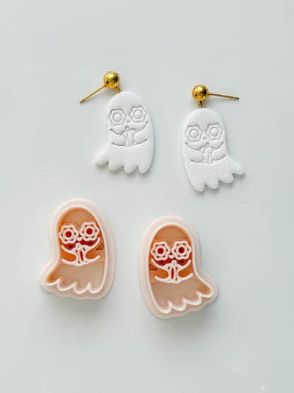 Floral Ghostie Cutter: Flower Eyed Ghost Holding Pumpkin for Polymer Clay