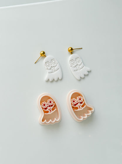Floral Ghostie Cutter: Flower Eyed Ghost Holding Pumpkin for Polymer Clay