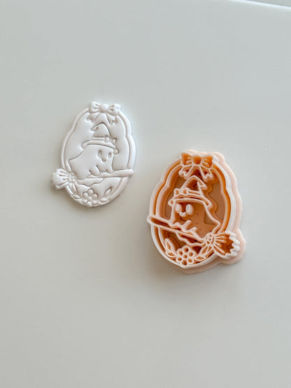 Little Witch Boo Cutter: Witch on Broom Halloween Design for Polymer Clay