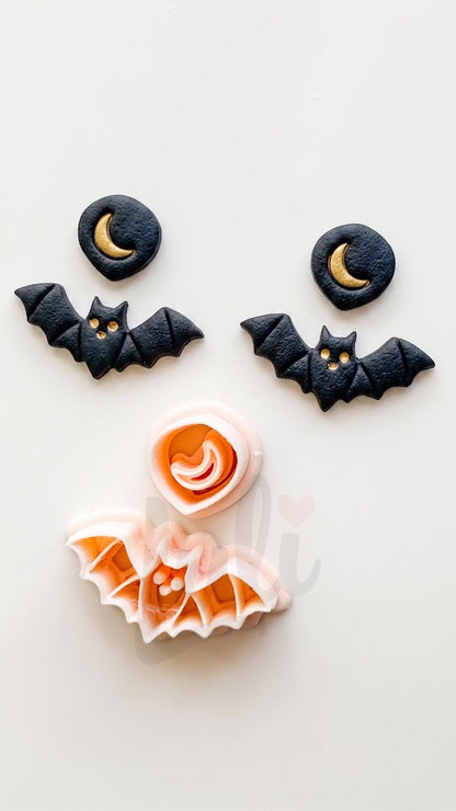 Moon Bat Cutter: Celestial Crescent Flying Bat Dangle for Polymer Clay