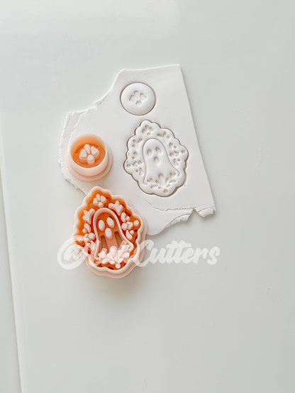 Ghostie Folk Frame Cutter: Floral Ghost Cameo Dangle Shape for Polymer Clay