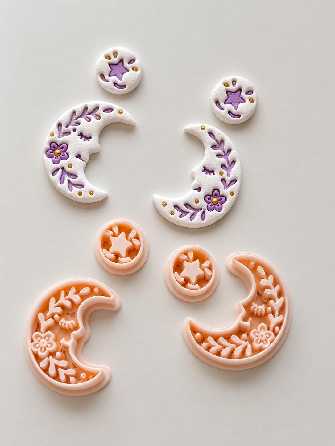 Folk Moon Cutter: Celestial Floral Crescent Dangle Shape for Polymer Clay