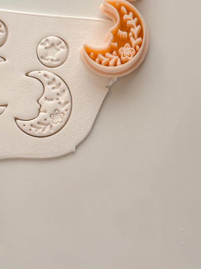 Folk Moon Cutter: Celestial Floral Crescent Dangle Shape for Polymer Clay