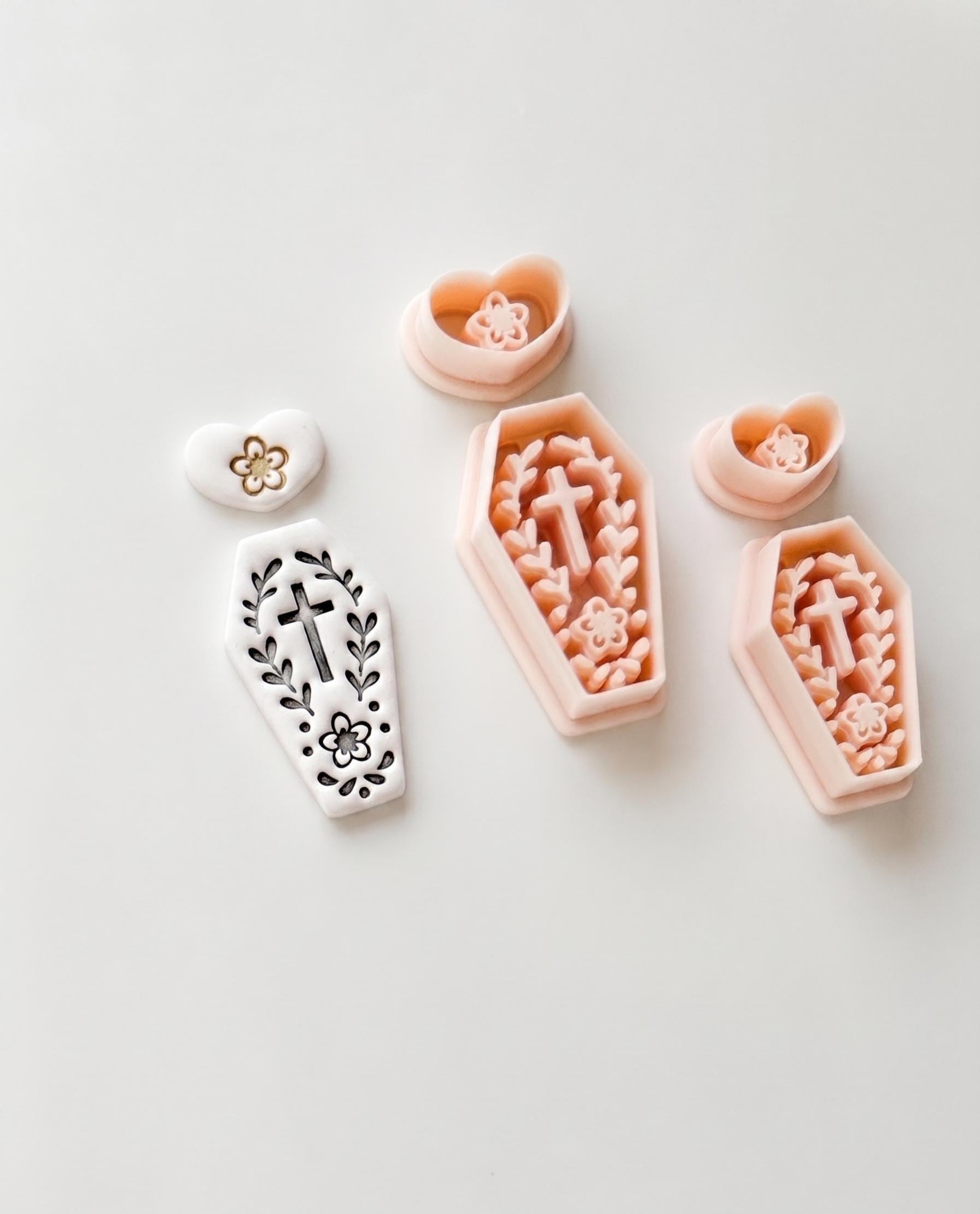 Folk Love Coffin Cutter: Floral Cross Dangle Shape for Polymer Clay