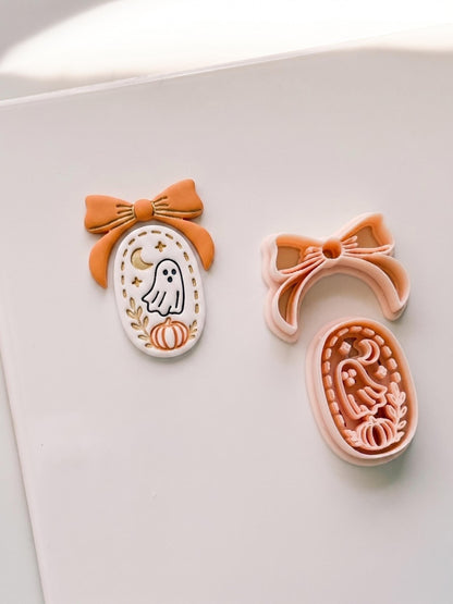 Moonlit Boo Cutter: Bow Framed Ghost Cameo for Polymer Clay