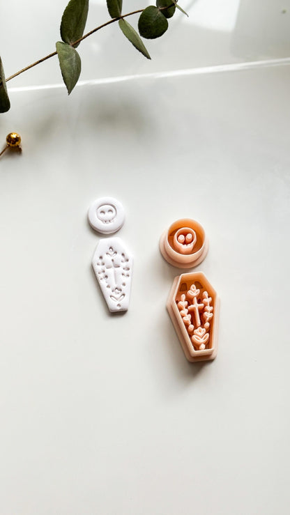 Skull Bloom Coffin Cutter: Floral Cross Coffin Dangle for Polymer Clay