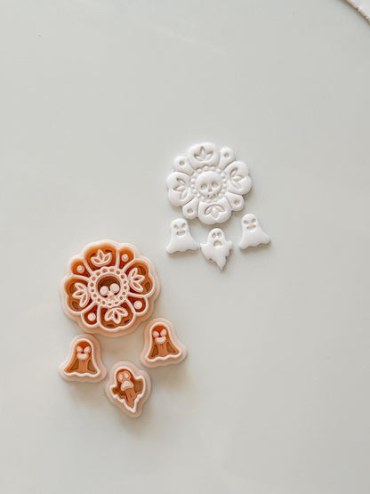 Folk Skull Flower Cutter Set: Floral Ghost Halloween Design for Polymer Clay