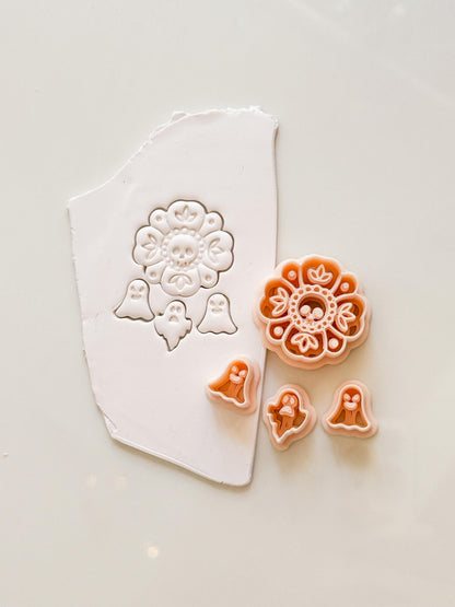 Folk Skull Flower Cutter Set: Floral Ghost Halloween Design for Polymer Clay
