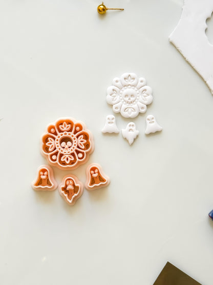 Folk Skull Flower Cutter Set: Floral Ghost Halloween Design for Polymer Clay