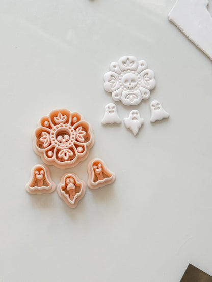 Folk Skull Flower Cutter Set: Floral Ghost Halloween Design for Polymer Clay