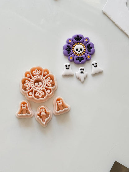 Folk Skull Flower Cutter Set: Floral Ghost Halloween Design for Polymer Clay