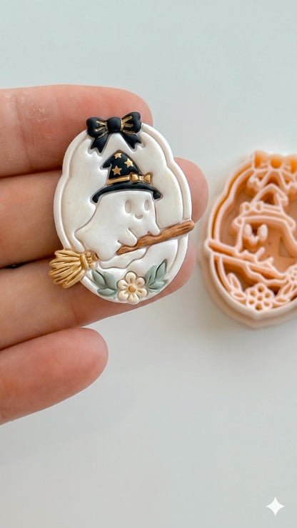 Little Witch Boo Cutter: Witch on Broom Halloween Design for Polymer Clay