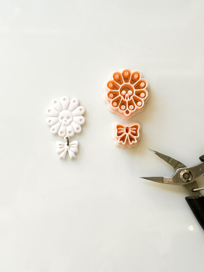 Skull Daisy Bow Cutter: Floral Halloween Dangle for Polymer Clay