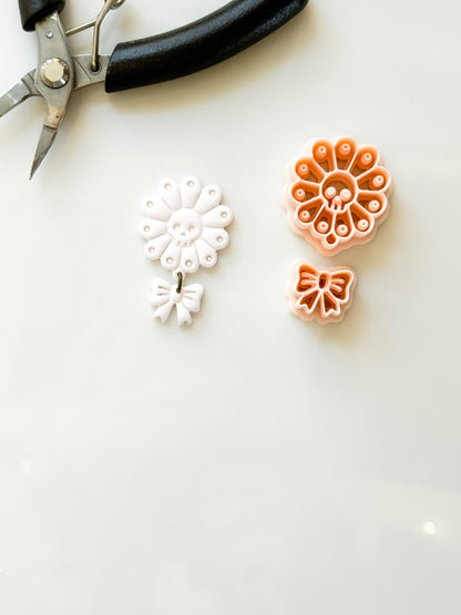 Skull Daisy Bow Cutter: Floral Halloween Dangle for Polymer Clay