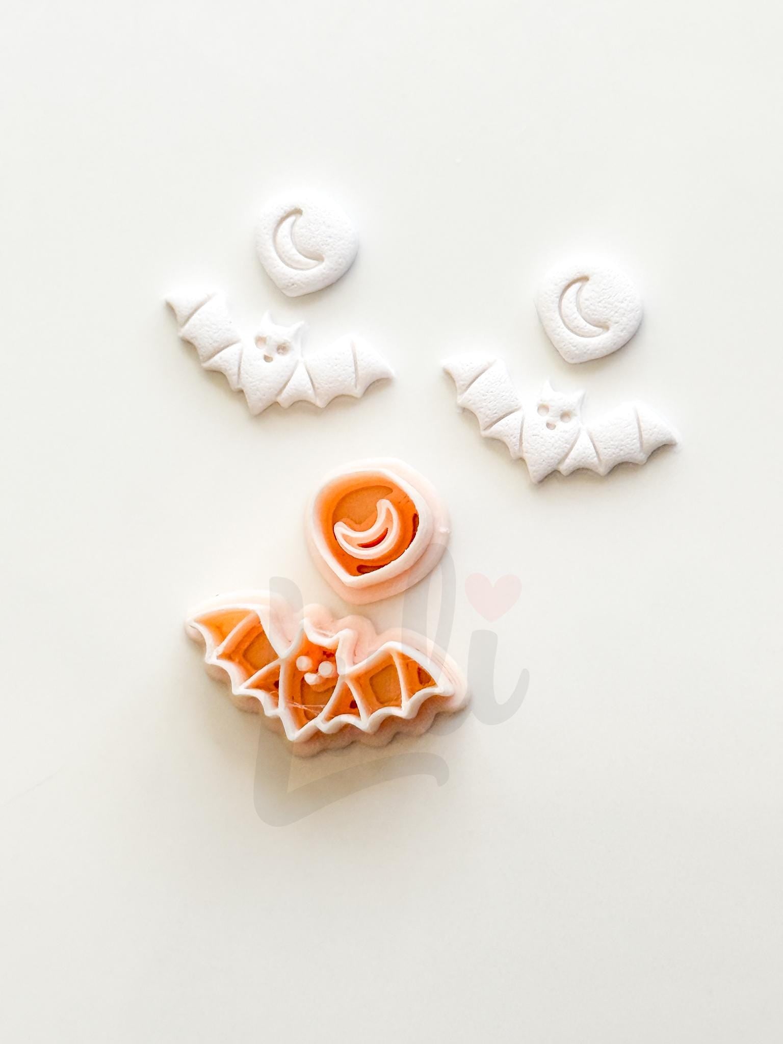 Moon Bat Cutter: Celestial Crescent Flying Bat Dangle for Polymer Clay