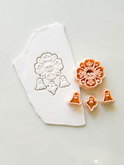 Folk Skull Flower Cutter Set: Floral Ghost Halloween Design for Polymer Clay