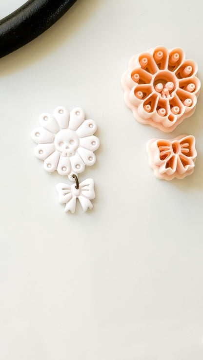 Skull Daisy Bow Cutter: Floral Halloween Dangle for Polymer Clay