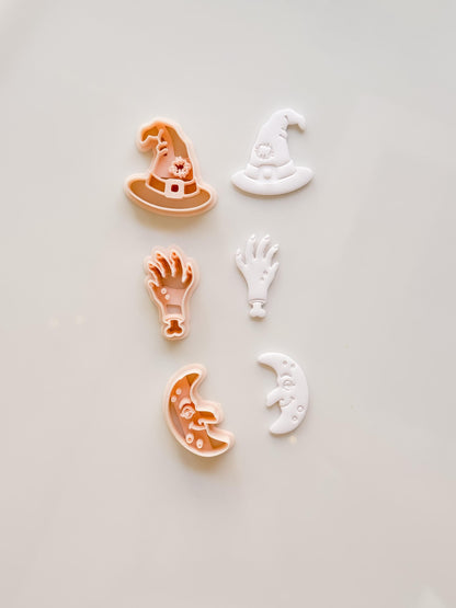 Ugly Halloween Cutters: Witch Hat, Creepy Hand & Moon Shapes for Polymer Clay