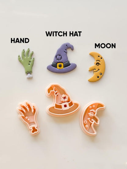 Ugly Halloween Cutters: Witch Hat, Creepy Hand & Moon Shapes for Polymer Clay